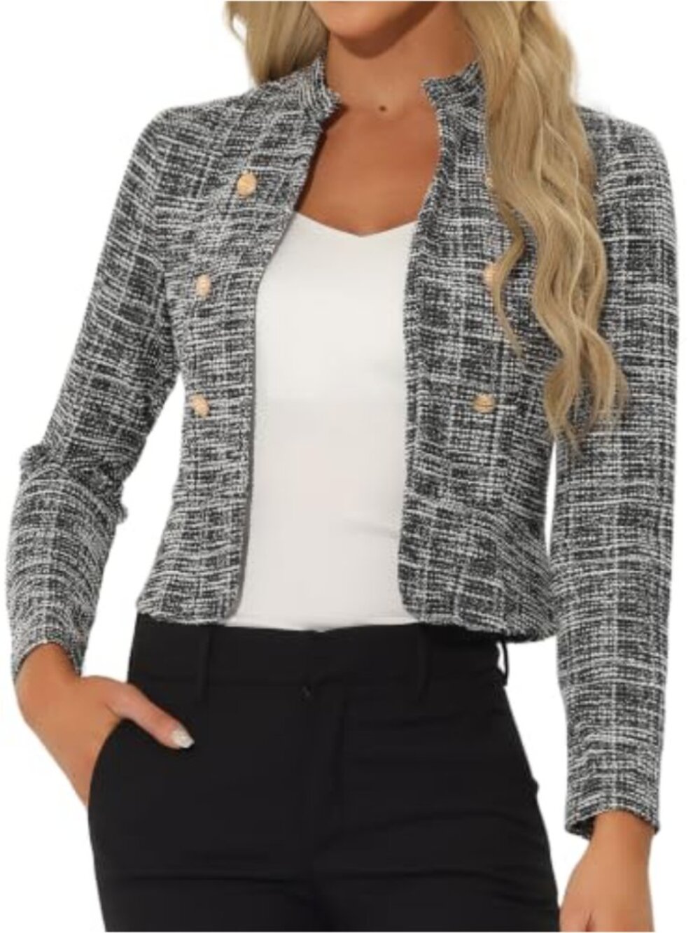 Tweed Cropped Blazer Open Front Business Casual Jacket